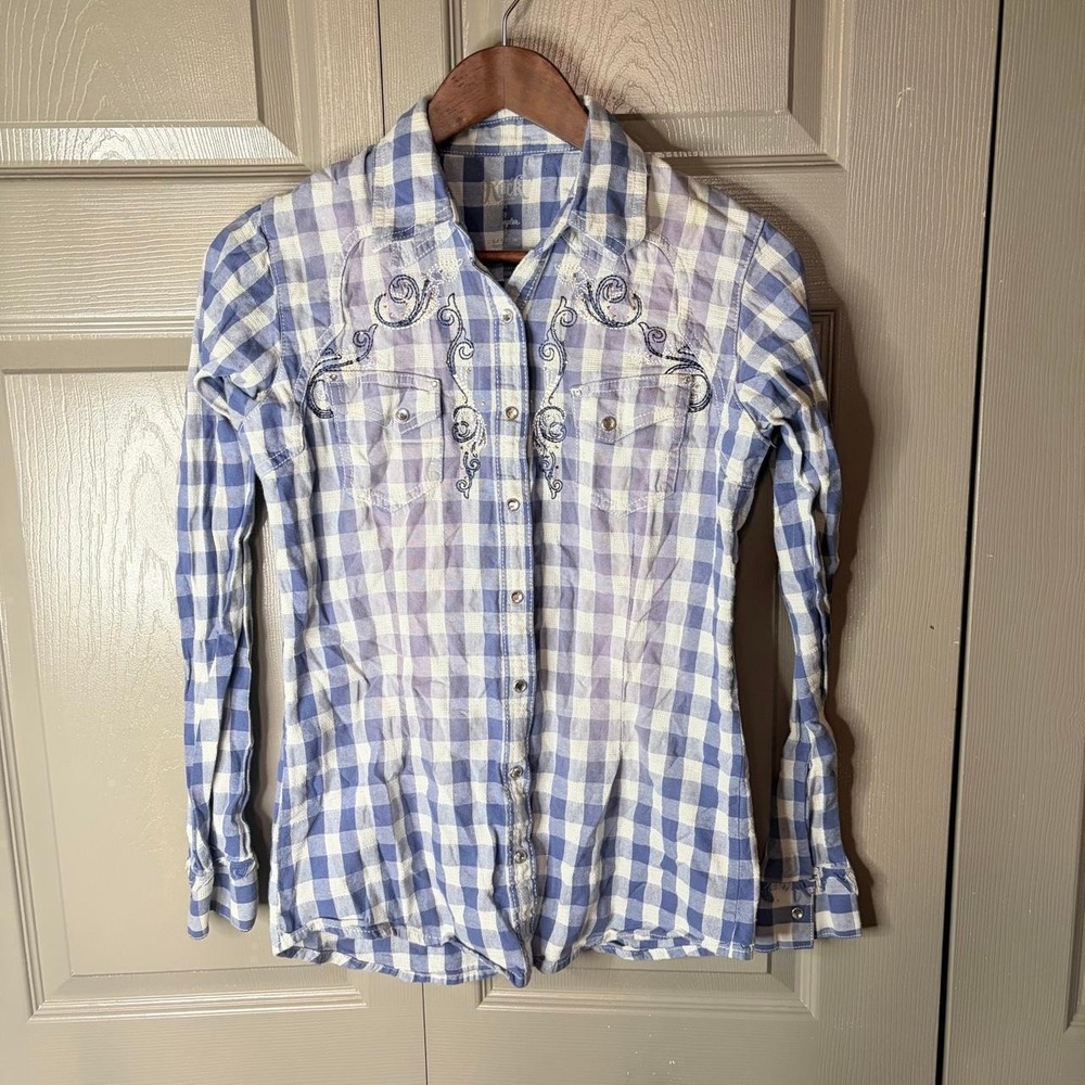 Rock 47 by Wrangler Womens Blue Plaid Pearl Snap Embroidered Western Shirt S